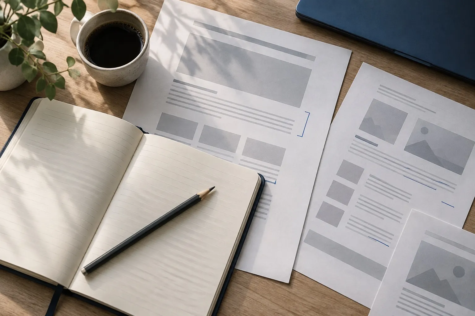 Notebook and printed page layouts illustrating a content review
