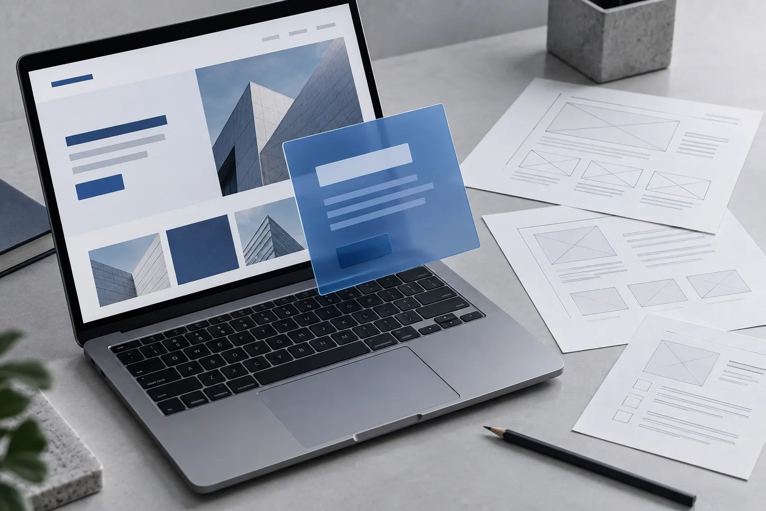 Conceptual laptop and paper page layouts illustrating editable website content